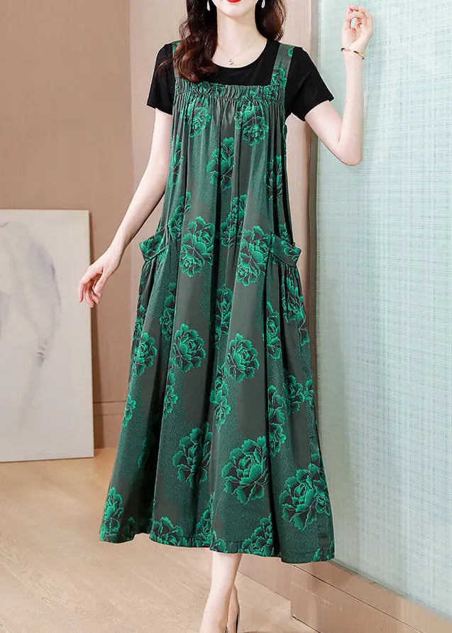 Organic Green Wrinkled Pockets Print Spaghetti Strap Dress Two Pieces Set Summer Ada Fashion