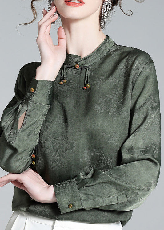 Organic Grey Green Stand Collar Jacquard Silk Shirt Long Sleeve LY0719 - fabuloryshop