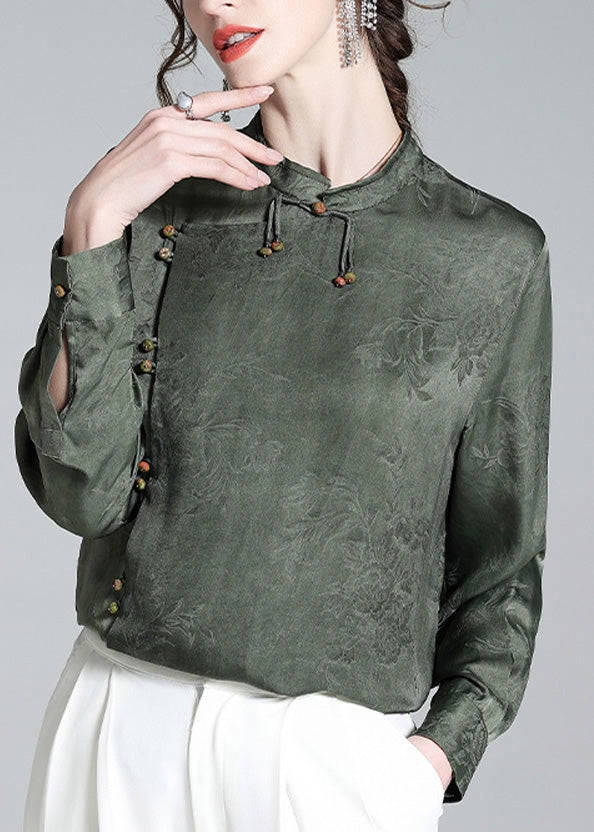 Organic Grey Green Stand Collar Jacquard Silk Shirt Long Sleeve LY0719 - fabuloryshop