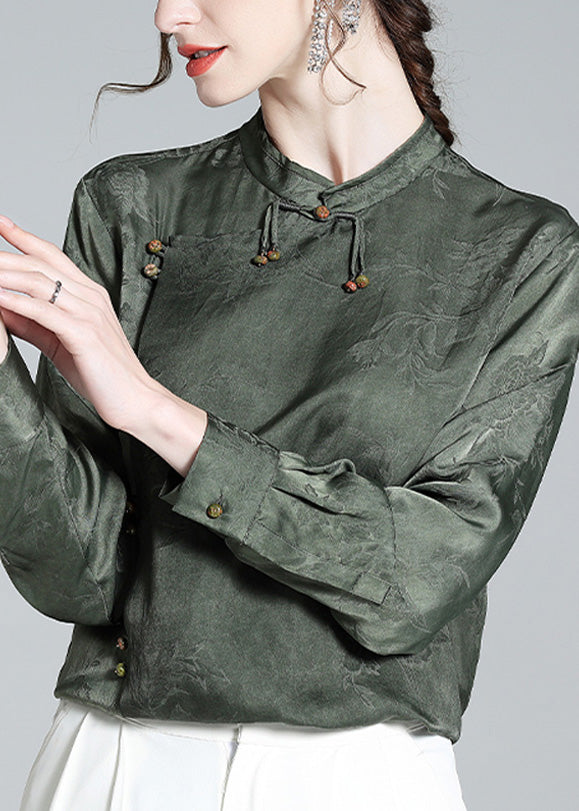 Organic Grey Green Stand Collar Jacquard Silk Shirt Long Sleeve LY0719 - fabuloryshop