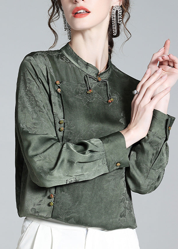 Organic Grey Green Stand Collar Jacquard Silk Shirt Long Sleeve LY0719 - fabuloryshop