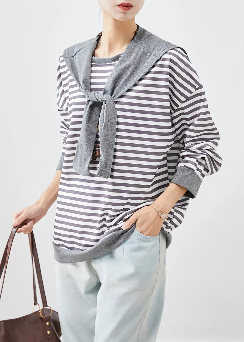 Organic Grey Oversized Striped Cotton Sweatshirt Streetwear Fall Ada Fashion