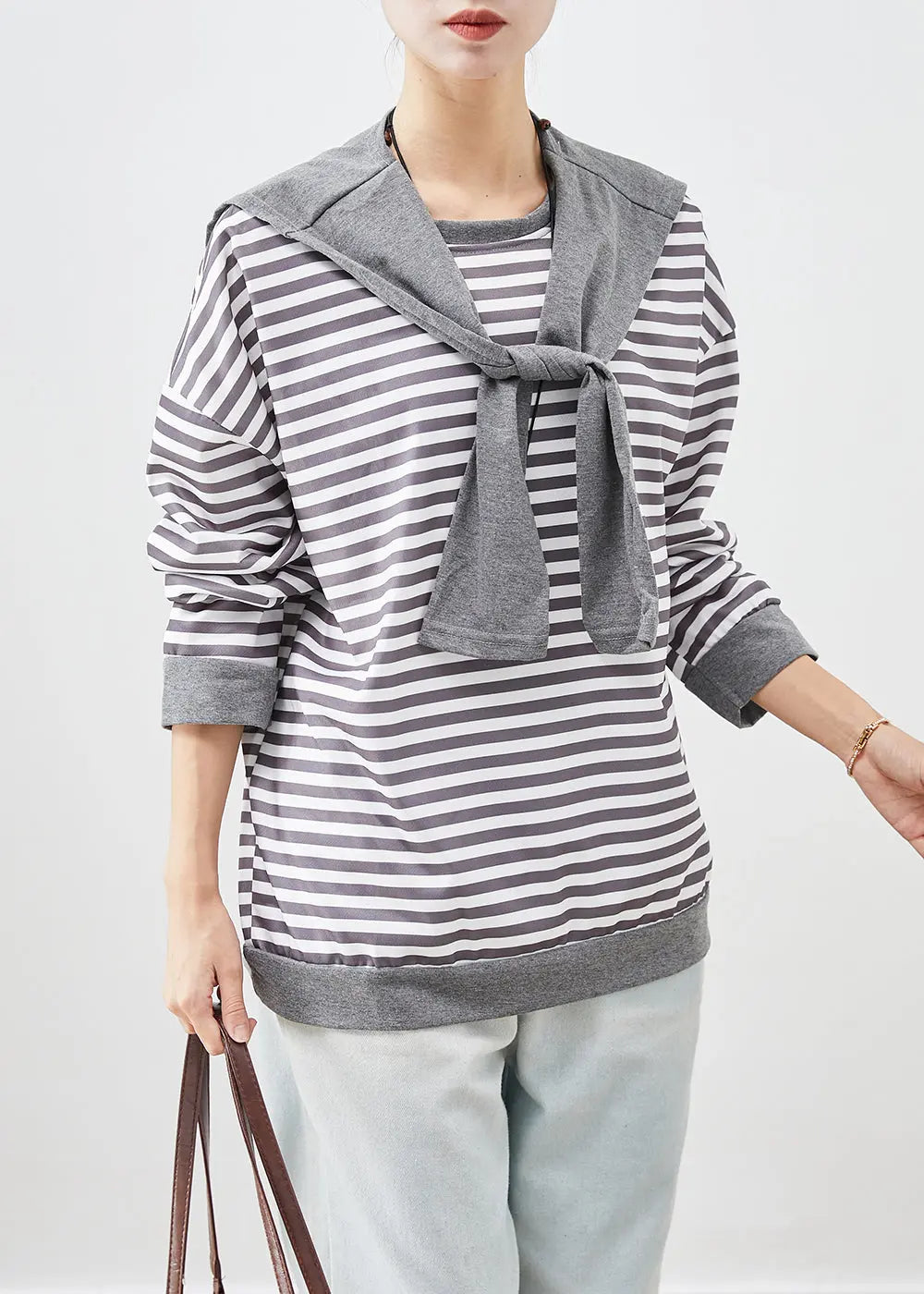 Organic Grey Oversized Striped Cotton Sweatshirt Streetwear Fall Ada Fashion