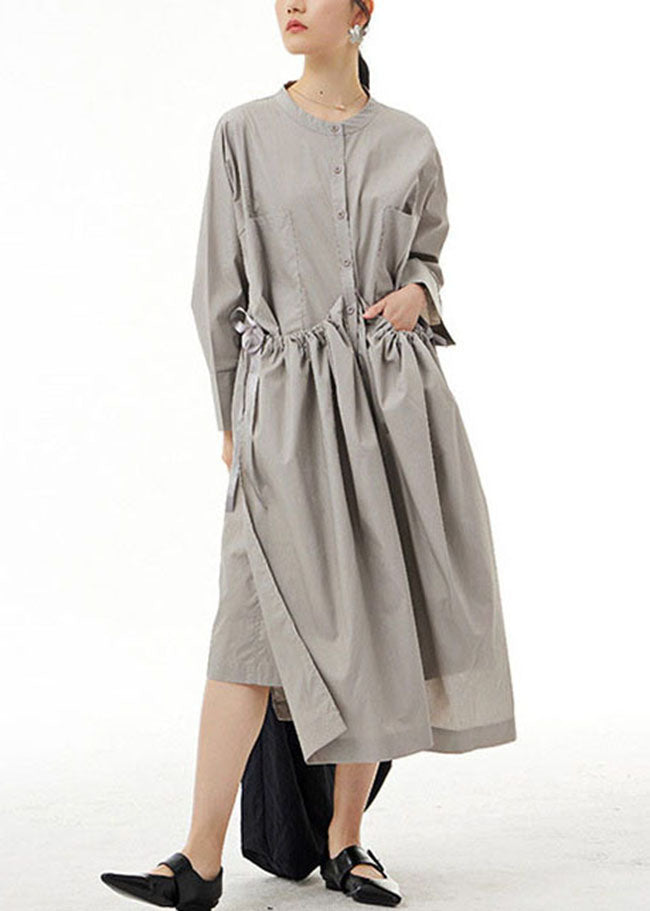 Organic Grey Pockets Wrinkled Patchwork Cotton  Dress Spring LY1170 - fabuloryshop