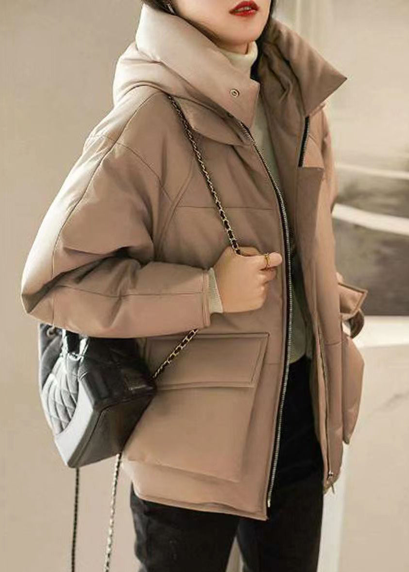 Organic Khaki Hooded Pockets Patchwork Sheepskin Duck Down Puffers Jackets Winter Ada Fashion