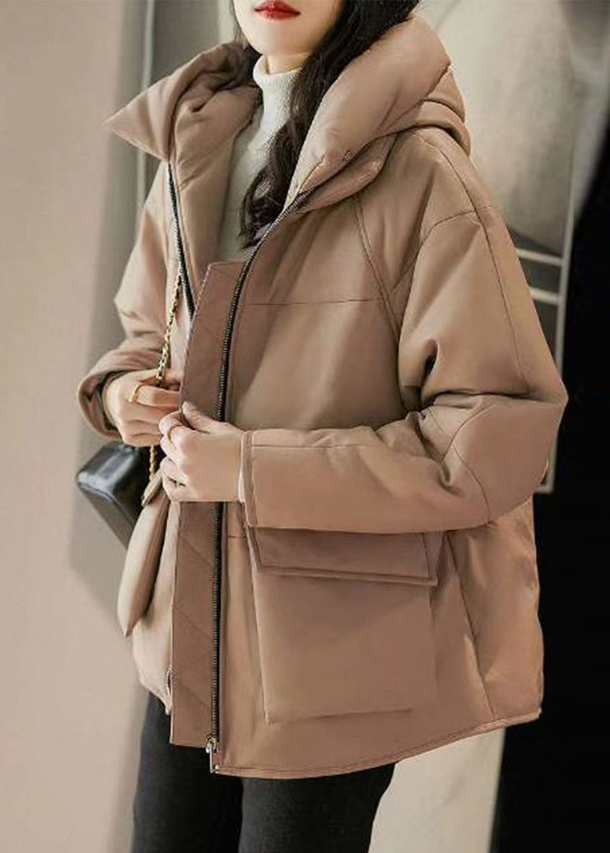 Organic Khaki Hooded Pockets Patchwork Sheepskin Duck Down Puffers Jackets Winter Ada Fashion