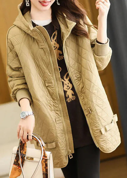 Organic Khaki Plaid Zippered Drawstring Fine Cotton Filled Hoodie Down Jackets Winter Ada Fashion