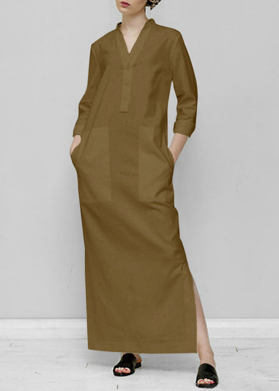 Organic Khaki V Neck Pockets Patchwork Cotton Dress Spring LC0440 - fabuloryshop