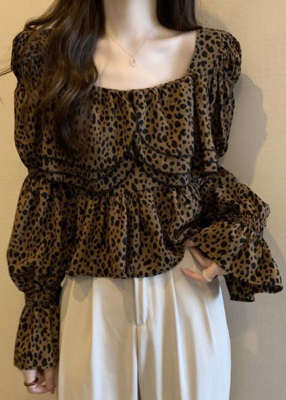 Organic Leopard Ruffled Patchwork Chiffon Shirt Tops Flare Sleeve LY4671 - fabuloryshop