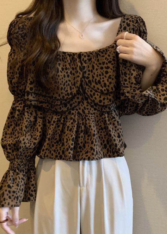 Organic Leopard Ruffled Patchwork Chiffon Shirt Tops Flare Sleeve LY4671 - fabuloryshop