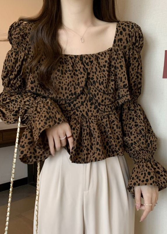 Organic Leopard Ruffled Patchwork Chiffon Shirt Tops Flare Sleeve LY4671 - fabuloryshop