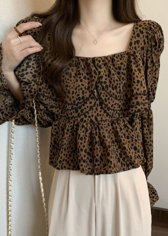 Organic Leopard Ruffled Patchwork Chiffon Shirt Tops Flare Sleeve LY4671 - fabuloryshop