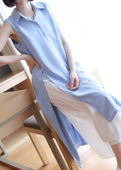 Organic Light Blue Oversized Side Open Chiffon Long Shirts Summer LY1465 - fabuloryshop