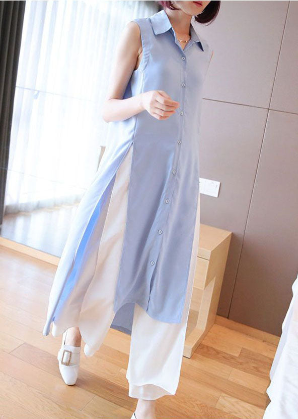 Organic Light Blue Oversized Side Open Chiffon Long Shirts Summer LY1465 - fabuloryshop