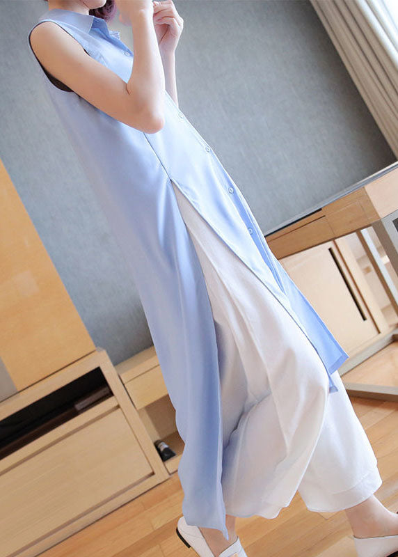 Organic Light Blue Oversized Side Open Chiffon Long Shirts Summer LY1465 - fabuloryshop