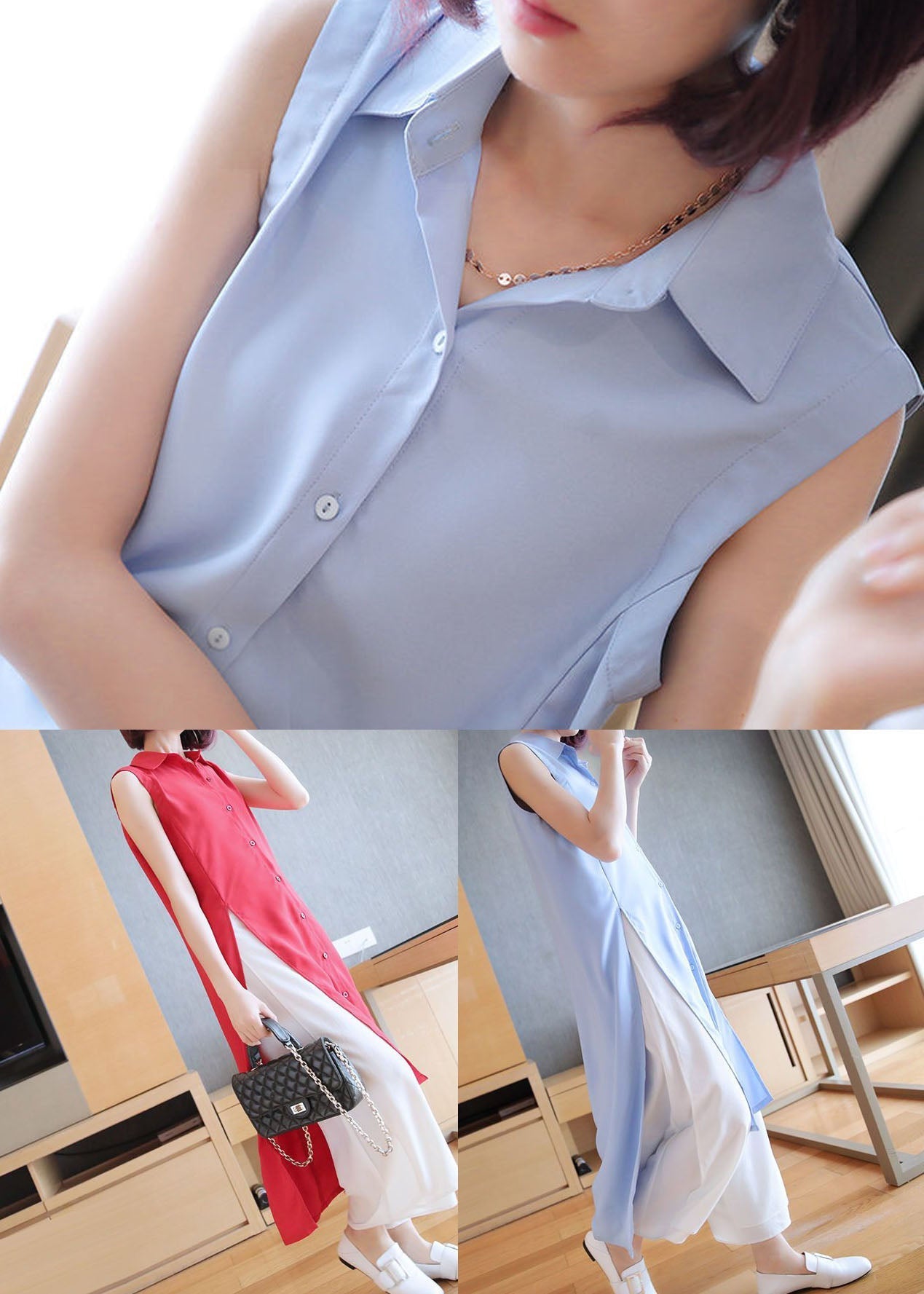 Organic Light Blue Oversized Side Open Chiffon Long Shirts Summer LY1465 - fabuloryshop