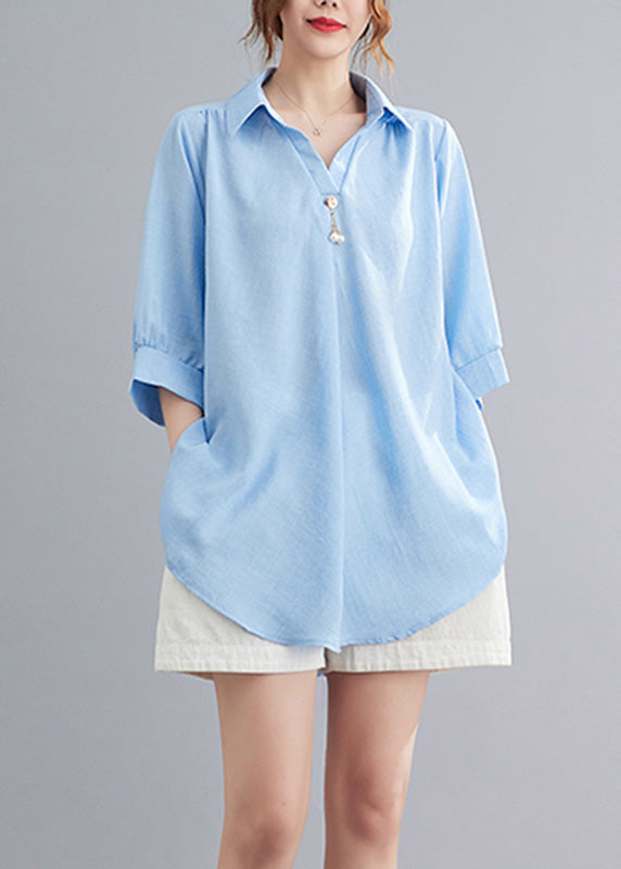 Organic Light Blue Peter Pan Collar Linen Tops Summer LY6014 - fabuloryshop
