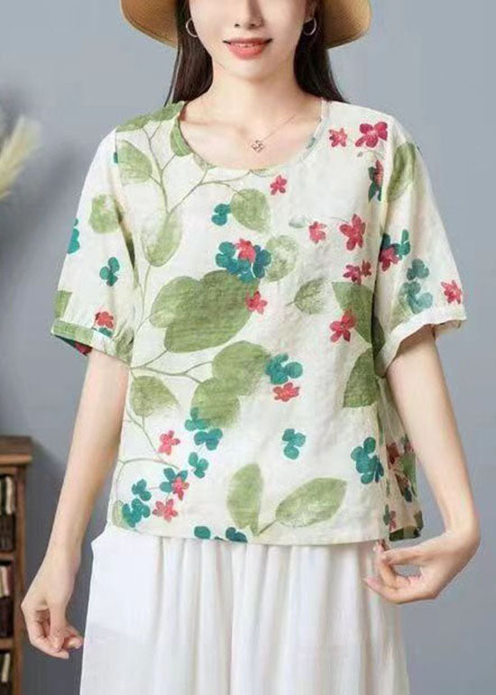 Organic Light Green O Neck Print Patchwork Cotton Top Summer TP1030 - fabuloryshop