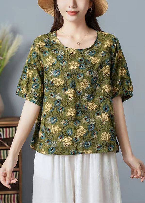 Organic Light Green O Neck Print Patchwork Cotton Top Summer TP1030 - fabuloryshop