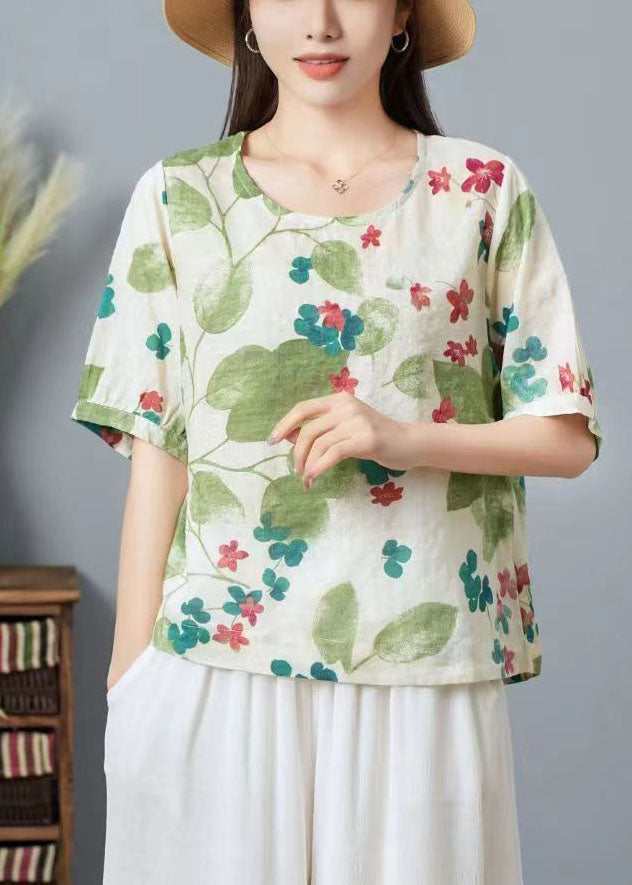 Organic Light Green O Neck Print Patchwork Cotton Top Summer TP1030 - fabuloryshop