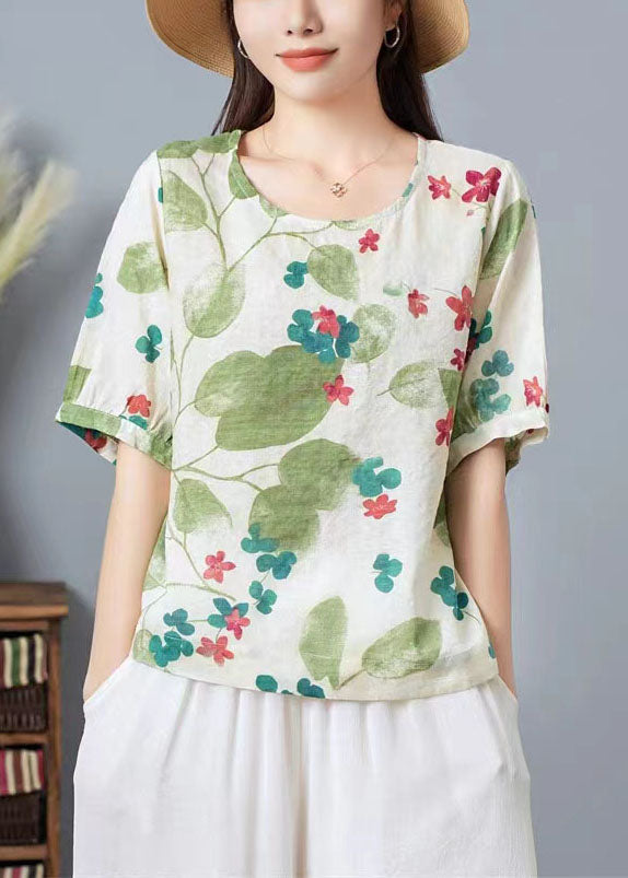 Organic Light Green O Neck Print Patchwork Cotton Top Summer TP1030 - fabuloryshop