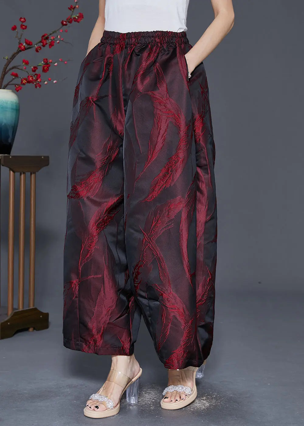 Organic Mulberry Feather Jacquard Pockets Silk Wide Leg Pants Fall Ada Fashion