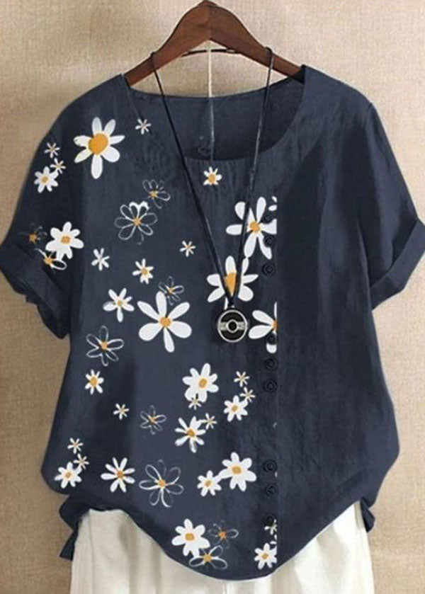 Organic Navy Dotted Daisy Print Patchwork Cotton T Shirts Tops Summer Ada Fashion