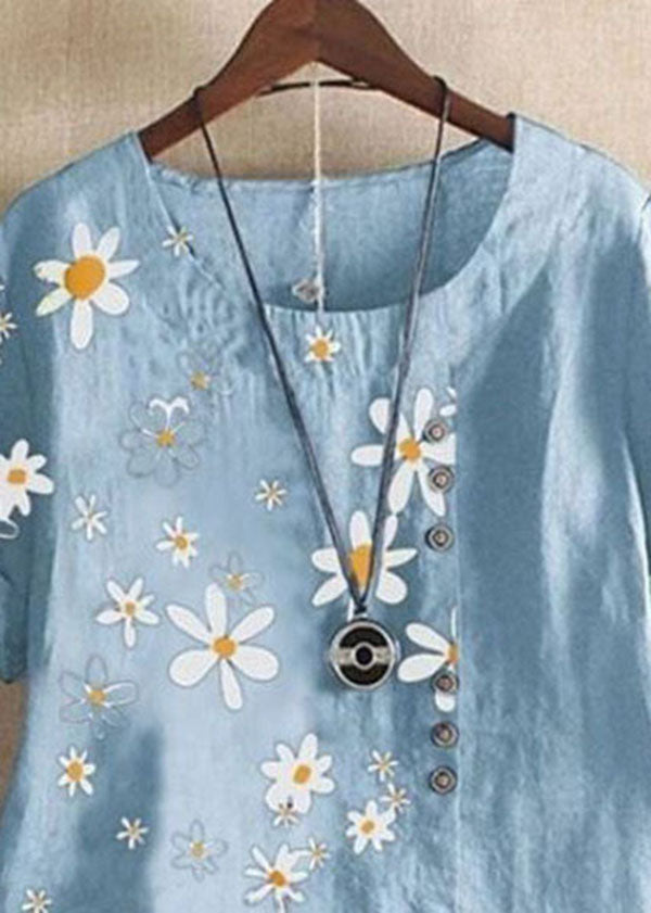 Organic Navy Dotted Daisy Print Patchwork Cotton T Shirts Tops Summer Ada Fashion