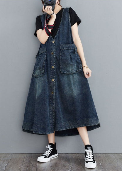 Organic Navy V Neck Pockets Patchwork Denim Sundress Sleeveless LY5660 - fabuloryshop