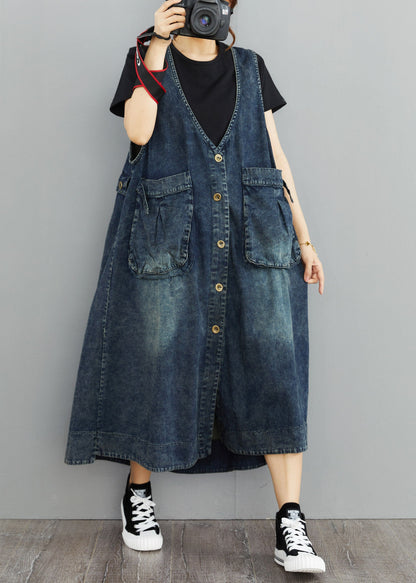 Organic Navy V Neck Pockets Patchwork Denim Sundress Sleeveless LY5660 - fabuloryshop