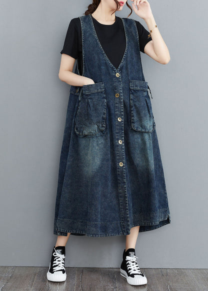 Organic Navy V Neck Pockets Patchwork Denim Sundress Sleeveless LY5660 - fabuloryshop