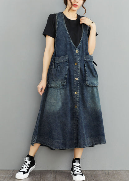 Organic Navy V Neck Pockets Patchwork Denim Sundress Sleeveless LY5660 - fabuloryshop