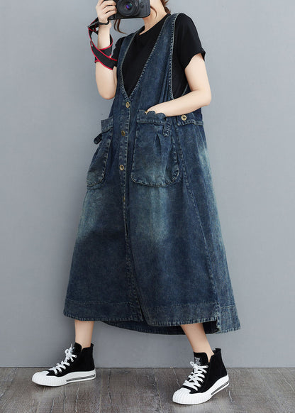 Organic Navy V Neck Pockets Patchwork Denim Sundress Sleeveless LY5660 - fabuloryshop