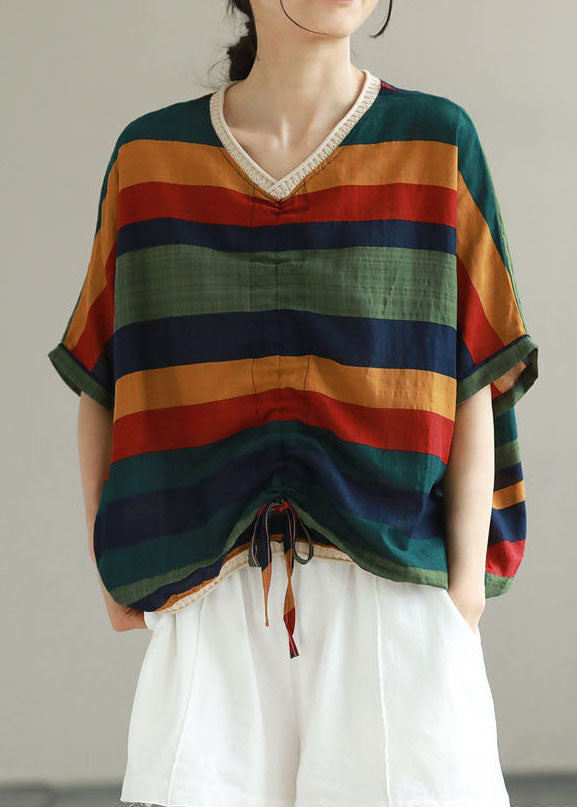 Organic Navy V Neck Striped Patchwork Cotton T Shirts Summer LY4985 - fabuloryshop