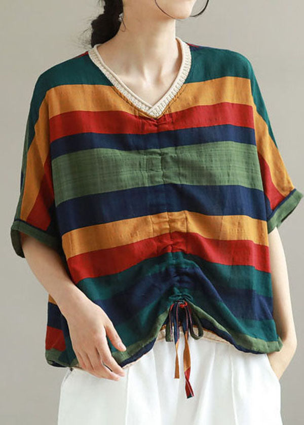 Organic Navy V Neck Striped Patchwork Cotton T Shirts Summer LY4985 - fabuloryshop