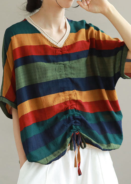 Organic Navy V Neck Striped Patchwork Cotton T Shirts Summer LY4985 - fabuloryshop