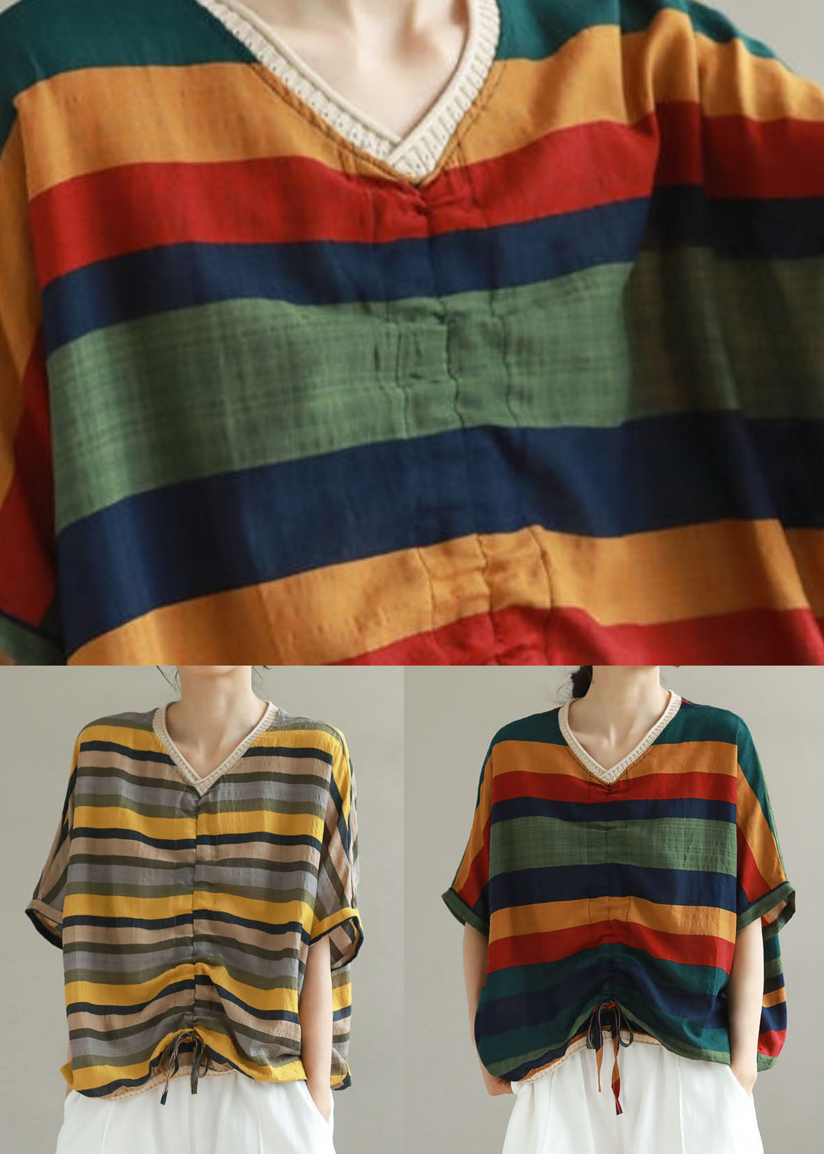 Organic Navy V Neck Striped Patchwork Cotton T Shirts Summer LY4985 - fabuloryshop