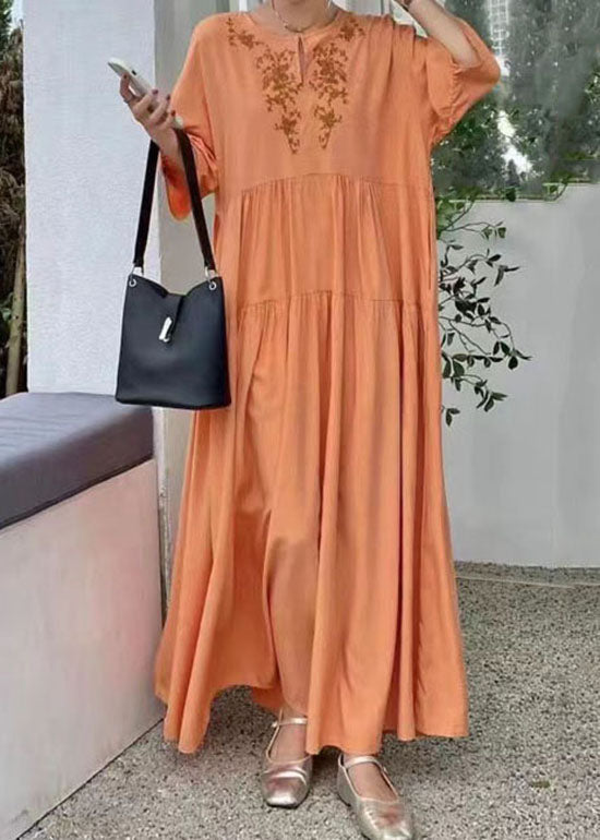 Organic Orange Embroideried Patchwork Cotton Dresses Summer LY1342 - fabuloryshop