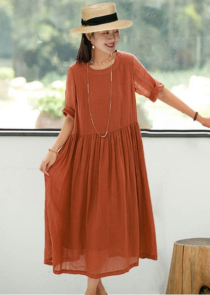 Organic Orange O Neck Wrinkled Patchwork Linen Dress Summer LY2550 - fabuloryshop