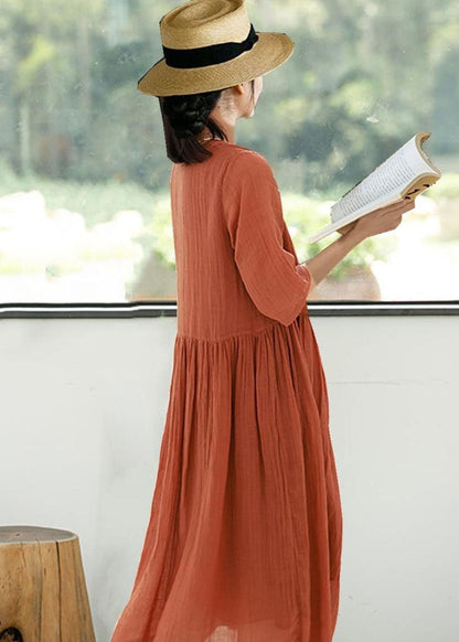 Organic Orange O Neck Wrinkled Patchwork Linen Dress Summer LY2550 - fabuloryshop