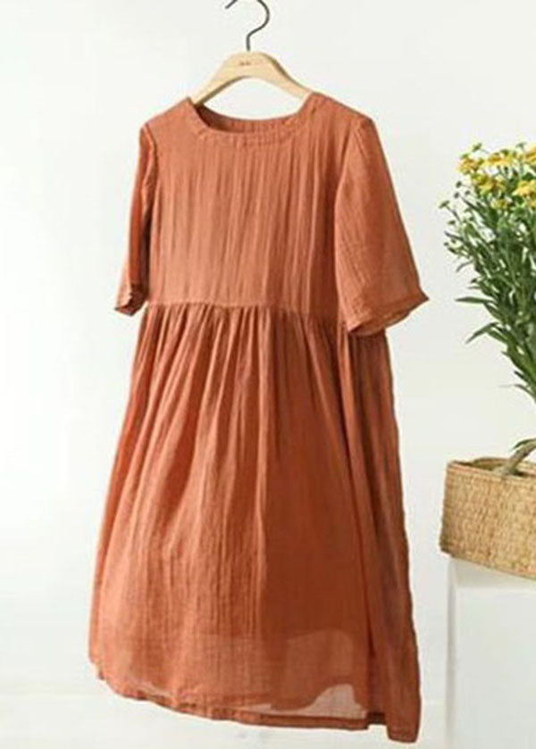 Organic Orange O Neck Wrinkled Patchwork Linen Dress Summer LY2550
