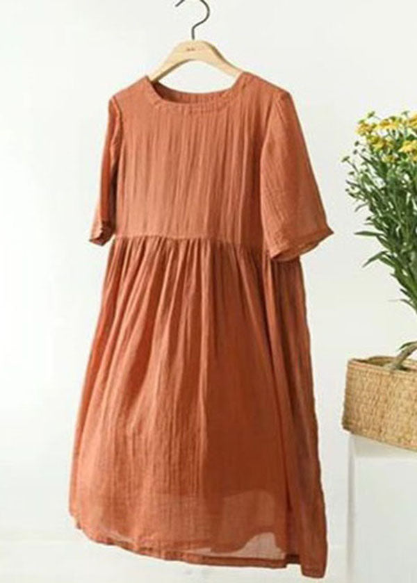 Organic Orange O Neck Wrinkled Patchwork Linen Dress Summer LY2550 - fabuloryshop