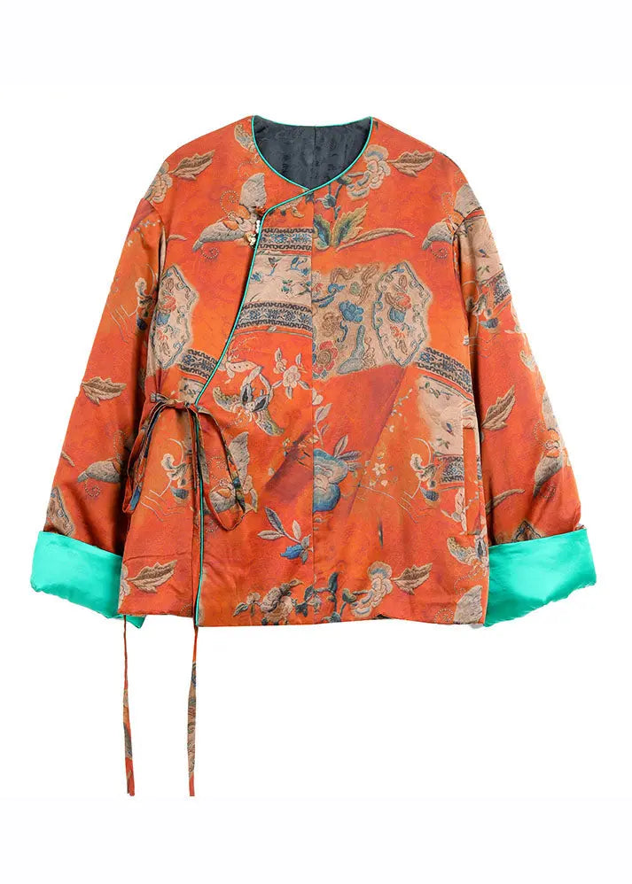 Organic Orange Print Tie Waist Cotton Coats Long Sleeve Ada Fashion