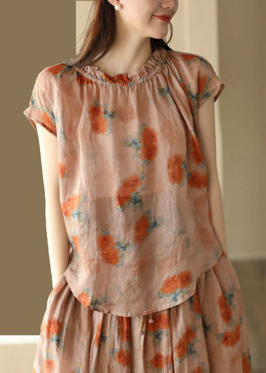 Organic Orange Ruffled Print Patchwork Linen T Shirt Top Summer LY5042 - fabuloryshop