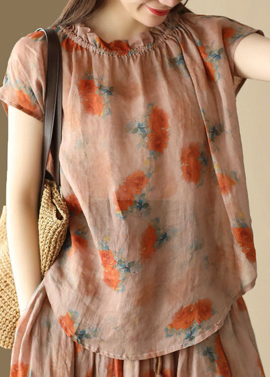 Organic Orange Ruffled Print Patchwork Linen T Shirt Top Summer LY5042 - fabuloryshop