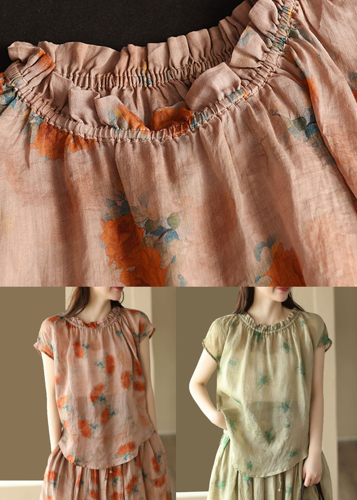 Organic Orange Ruffled Print Patchwork Linen T Shirt Top Summer LY5042 - fabuloryshop