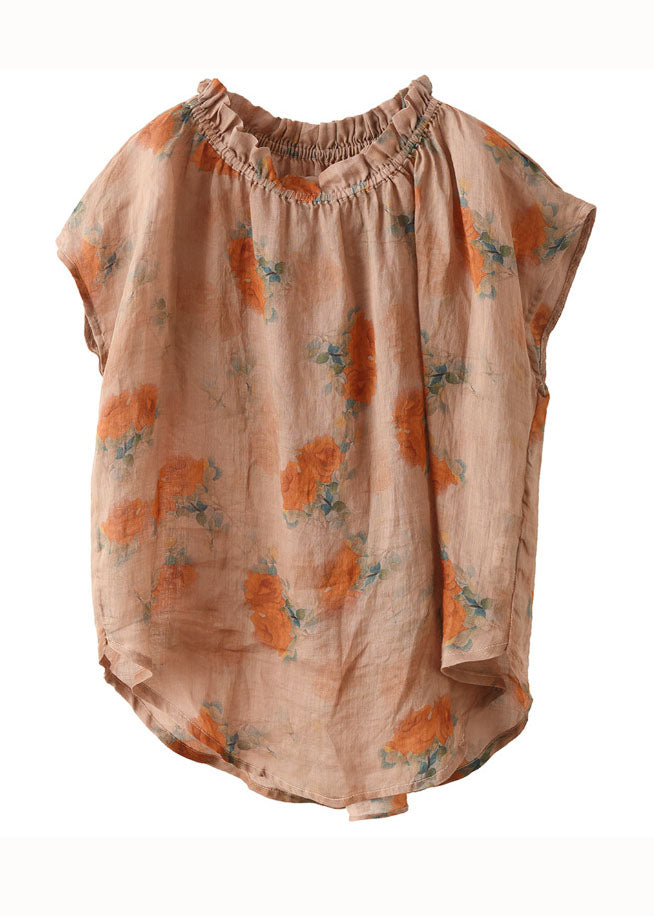 Organic Orange Ruffled Print Patchwork Linen T Shirt Top Summer LY5042 - fabuloryshop