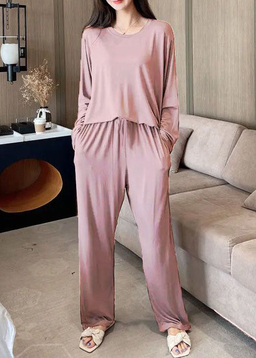 Organic Pink O-Neck Patchwork Cotton Pajamas Two Pieces Set Long Sleeve LY2801 - fabuloryshop