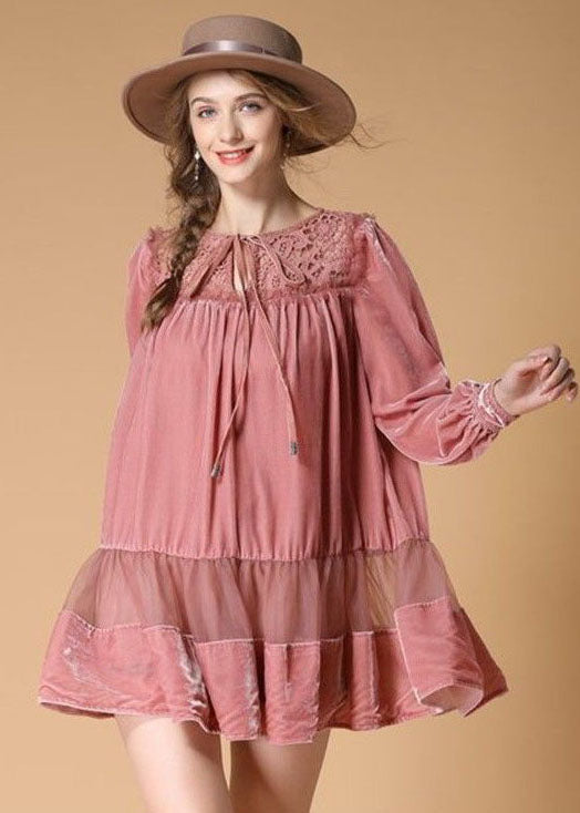 Organic Pink O Neck Patchwork Velour Dress Spring LY0010 - fabuloryshop