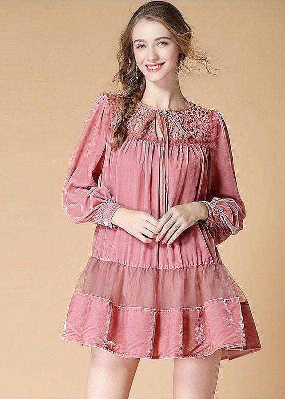 Organic Pink O Neck Patchwork Velour Dress Spring LY0010 - fabuloryshop